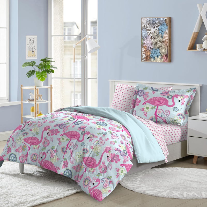 dream FACTORY Kids 7-Piece Complete Set Easy-Wash Super Soft Microfiber Comforter Bedding, Full, Pink Flamingo - Image 2